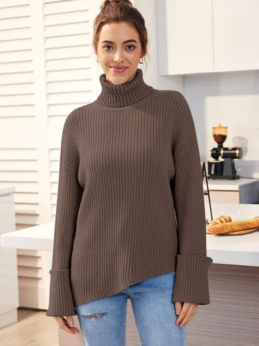 Vista 2 de LILLUSORY Suéteres de gran tamaño para mujer, cuello alto, manga larga, dobladillo asimétrico