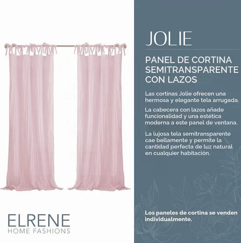 Vista 2 de Elrene Home Fashions Jolie Cortina de Ventana Semitransparente Arrugada, Panel Individual con Lazos Ajustables en la Parte Superior, 52" x 84