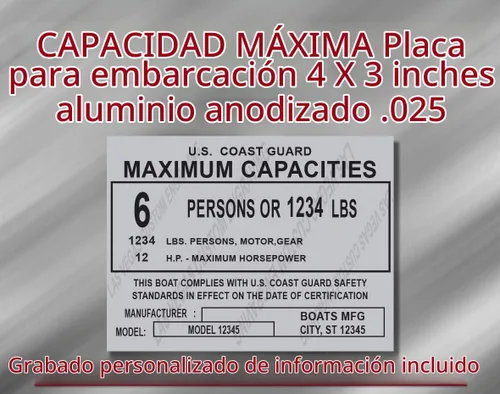 Vista 2 de Placa de barco con capacidad máxima personalizada: aluminio de 4 x 3 pulgadas