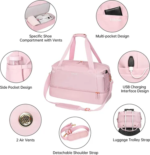 Vista 4 de Bolsa de lona de gimnasio para mujer, Rosado, Bolsa de gimnasio con puerto de carga USB