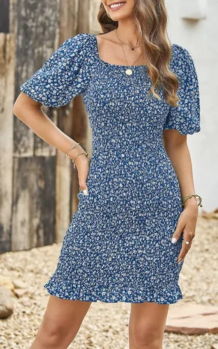 Vista 5 de PRETTYGARDEN Vestido corto ajustado floral de manga corta abombada para mujer, vestido de verano con cuello cuadrado con volantes, vestido fruncido