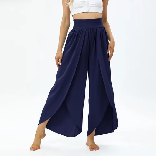 Vista 3 de Bemona Pantalones de pierna ancha para mujer, pantalones de yoga de cintura alta con aberturas, pantalones casuales de playa palazzo para mujer