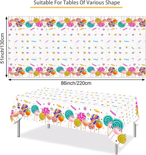 Vista 2 de PHOGARY Sweet Candyland - Mantel de plástico con temática de caramelos, dos manteles de cumpleaños de dulces manteles coloridos de piruletas