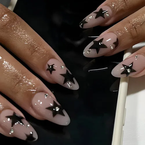 Vista 16 de Uñas postizas a presión de almendra, color rosa degradado medio, con bonito diseño de conejo y gato, uñas postizas de estrella plateada, uñas