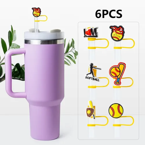 Vista 4 de 6 tapas de popote de sóftbol para accesorios de copa Stanley, 0.394 in, lindo popote negro para vaso Stanley de 40 onzas y 30 onzas, a prueba