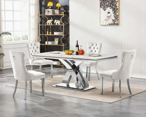 Vista 21 de Juego de mesa de comedor de cristal plateado moderno de 70 pulgadas para 4, juego de mesa de comedor rectangular de 5 piezas con patas de acero
