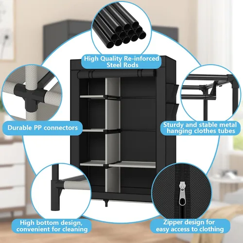 Vista 8 de Calmootey Armario portátil, armario con 6 estantes y barra para colgar, organizador de almacenamiento para dormitorio, funda de tela no tejida con 4