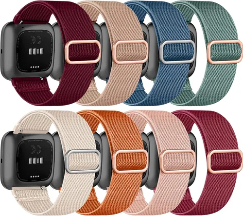 Vista 21 de Paquete de 8 bandas elásticas compatibles con Fitbit Versa 2/Lite/SE para mujeres y hombres, correa trenzada de nailon elástico ajustable Solo Loop