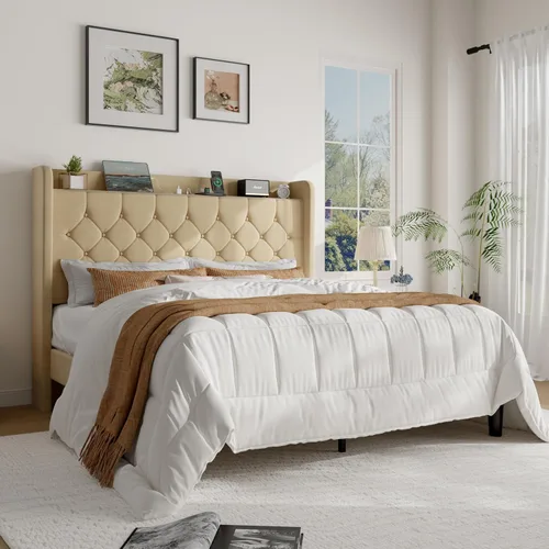 Vista 3 de SHA CERLIN Base de cama de plataforma de tamaño matrimonial con estación de carga, cabecera de lino con estante de almacenamiento, soporte