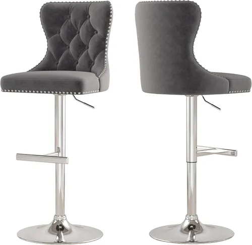 Vista 20 de Juego de 2 taburetes de bar, taburetes giratorios de terciopelo con respaldo copetudo, asiento ajustable con ribete de cabezas de clavos, sillas