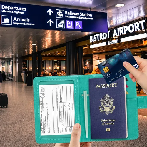 Vista 2 de RSAquar Combo de portatarjetas de pasaporte y vacunación, funda de pasaporte, funda de cuero para tarjetas de viaje, accesorios con bloqueo RFID