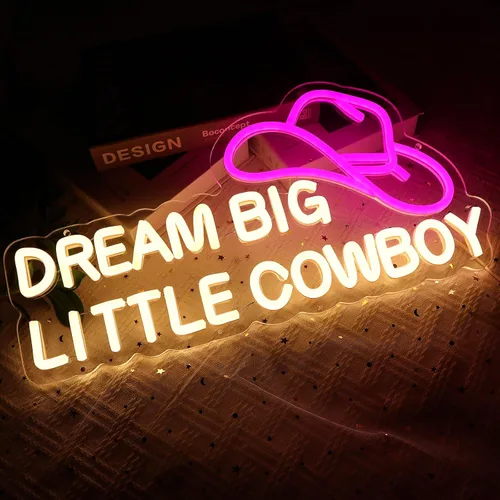 Vista 4 de Dream Big Little Cowboy - Letrero de neón para decoración de pared, letrero LED de sombrero de vaquero para habitación, luces de neón occidentales