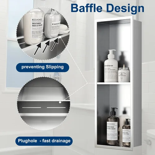 Vista 5 de Neodrain Nicho de ducha doble estante de acero inoxidable, no necesita azulejos, nichos de baño empotrados en la pared, nicho de pared empotrado