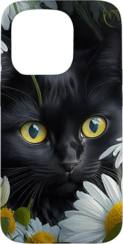Vista 14 de iPhone 16 Black Cat with Daisies – Enchanting Floral Design Case