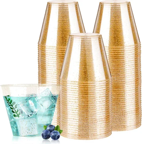 Vista 10 de Goodluck 50 vasos de plástico con purpurina dorada de 10 onzas, vasos desechables con purpurina, elegantes vasos de cóctel de plástico, vasos
