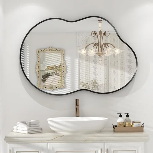 Vista 140 de Paquete de 2 espejos de baño con marco de metal negro de 22 x 30 pulgadas, espejo rectangular redondeado negro mate, antioxidante, se cuelga