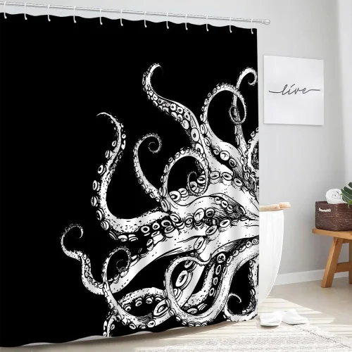 Vista 2 de Cortina de ducha de tentáculo de pulpo, diseño de kraken de océano blanco y negro, divertido animal náutico, vida marina, fresco, moderno, único