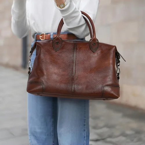 Vista 2 de HESHE Bolso de mano de cuero genuino para mujer, bolso de cuero de gran capacidad, bolso de mano con asa superior, bolso de médico vintage