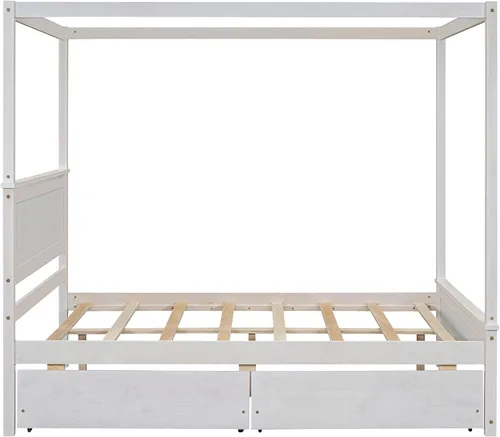 Vista 6 de Cama de plataforma de tamaño matrimonial, cama con dosel de madera con 2 cajones, cama de plataforma con dosel de tamaño matrimonial con listones
