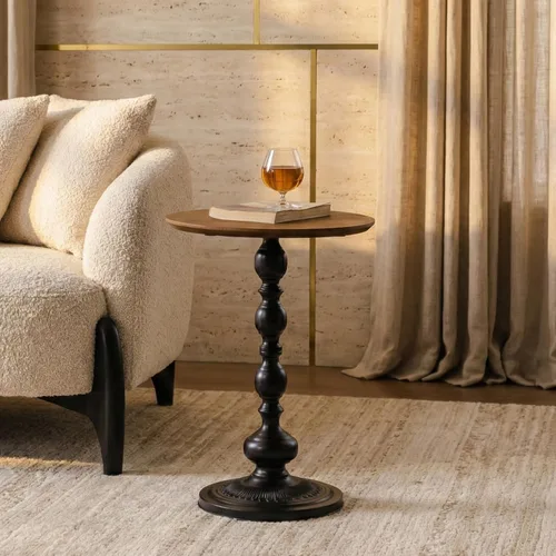 Vista 3 de Framhose - Mesa auxiliar redonda, mesa auxiliar pequeña con parte superior de madera y base negra, mesa de pedestal para sala de estar, esquinas