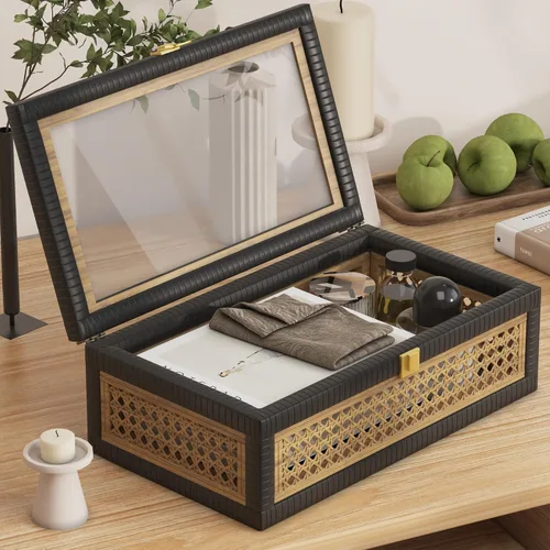 Vista 5 de Caja Decorativa de Ratán, Cajas de Exhibición Boho con Tapas, Juego de 2 Almacenamiento Decorativo Rectangular de Mimbre, Contenedores de Caña