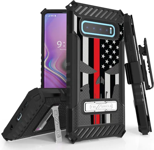 Vista 7 de Serie Trishield compatible con funda S10+, cubierta resistente de grado militar + [soporte de metal] + [funda de clip para cinturón] - Bandera