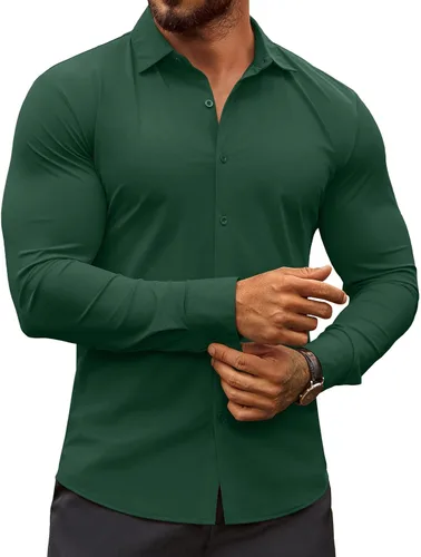 Vista 18 de COOFANDY Camisas de vestir ajustadas para hombre, sin arrugas, manga larga, casuales, con botones