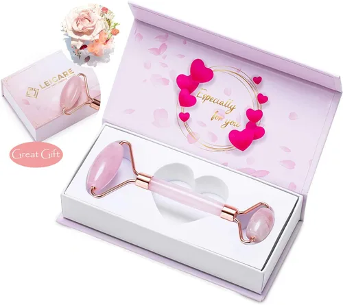 Vista 3 de Rodillo de jade para la cara - Rodillo facial de cuarzo rosa para el cuidado de la piel - Rodillo facial de piedra, masajeador facial para mujeres