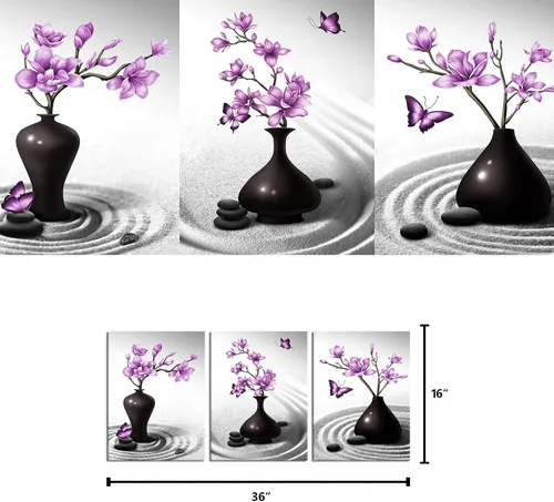 Vista 5 de Kalormore Zen Sand Canvas Wall Art Purple Magnolia Flores en Jarrón Negro Pintura Abstracta Floral Estampados Decoración Arte Contemporáneo