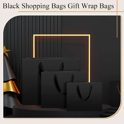 Vista 7 de Lincia 60 bolsas de papel negras con asas, tamaños surtidos grandes de 11 pulgadas, medianas de 8 pulgadas, pequeñas 7 pulgadas, bolsas de regalo