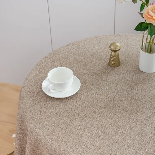 Vista 4 de Mantel redondo resistente al agua con textura de lino y algodón, funda decorativa de escritorio de color sólido, para mesa redonda de 20 a 44 Marrón