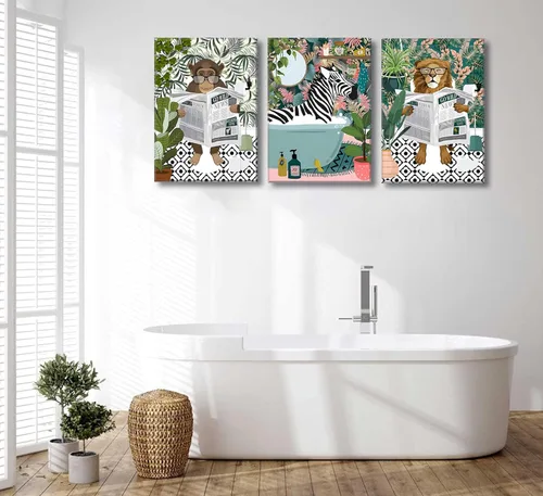 Vista 2 de 3 piezas de lienzo de animales de la selva para baño, arte de pared de cebra en la bañera, imágenes de mono león en el inodoro, lectura