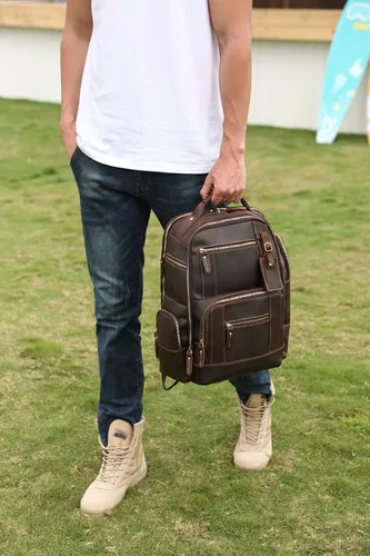Vista 9 de Lannsyne Mochila vintage de cuero de grano completo para hombre de 15.6 pulgadas, mochila para laptop de camping y viajes, mochila de 24 L, Marrón