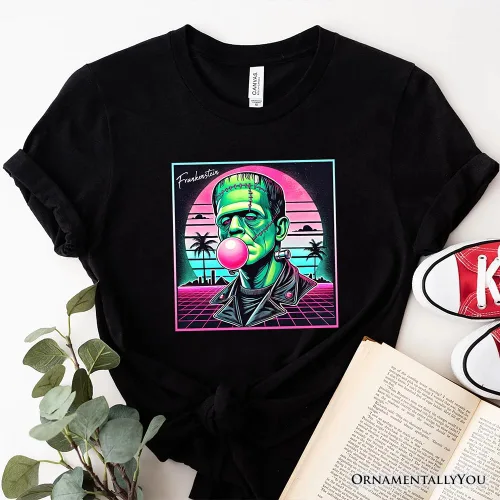 Vista 5 de Vaperwave Frankenstein - Camiseta de terror neón retro de los años 80 de Synthwave