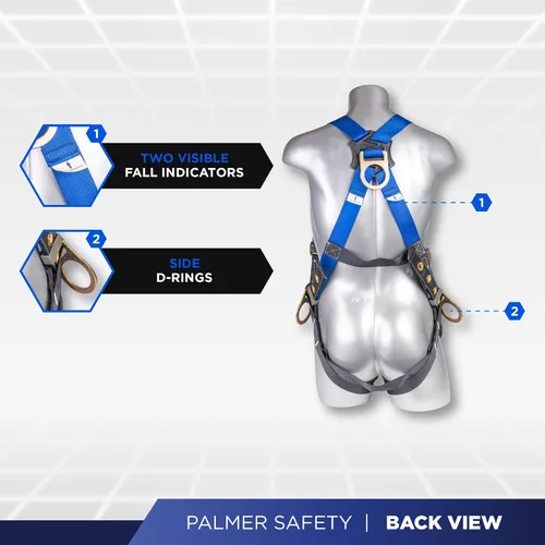 Vista 3 de Palmer Safety Arnés de cuerpo completo de ajuste de 5 puntos, anillo 3D, patas con ojales e indicadores de caída