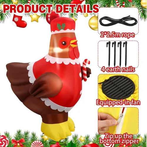 Vista 3 de Ceenna Pollo Inflable Grande de Navidad Iluminado de 5 pies con Luz LED Colorida Incorporada, Pavo Inflable, Pollo Hinchable, Decoración de Jardín