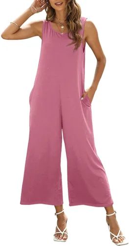 Vista 5 de Overol de verano para mujer, casual, holgado, pantalones largos, cuello redondo, sin mangas, con bolsillos