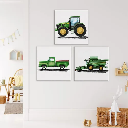 Vista 3 de Juego de 3 cuadros enmarcados para decoración de pared de tractores y viejos camiones de granja, cuadros en lienzo, cuadros para el hogar, niños