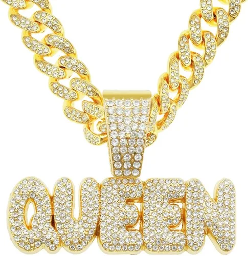 Vista 5 de Cadena chapada en oro/plata de 2 piezas con colgante de cadena cubana, collar de alfabeto hip hop de diamantes completos