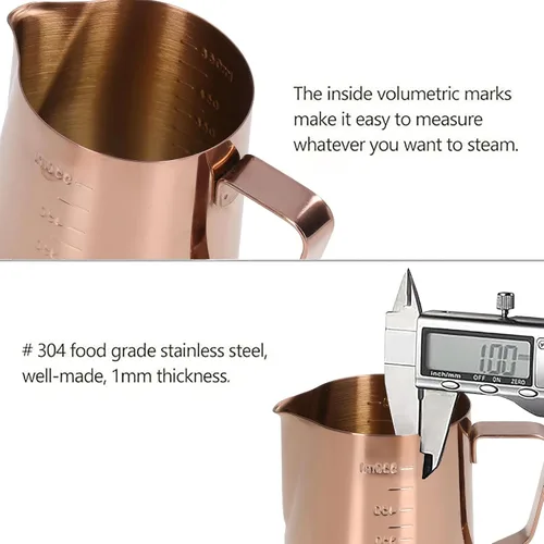 Vista 5 de Taza de espuma, jarra de leche de café 550ML con escala Jarra de vapor de acero inoxidable de oro rosa