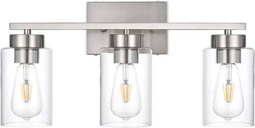 Vista 12 de Lámpara de tocador de baño de 3 luces, modernas luces de pared negras con pantallas de vidrio transparente, lámpara de pared de baño para espejo 3