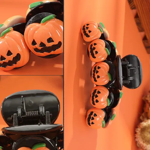 Vista 6 de 1 pinza para el cabello de Halloween para mujer, diseño divertido de calabaza sonriente, diseño exquisito, pinza de garra gruesa y fina naranja