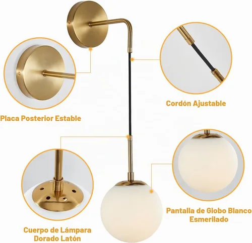 Vista 3 de KCO Lighting Juego de dos apliques de pared de vidrio blanco esmerilado con globo esférico dorado de latón, luz de pared con cable ajustable