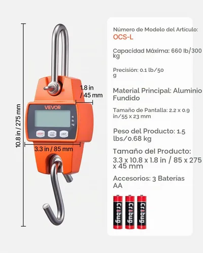 Vista 7 de VEVOR Báscula digital para grúa, 660 libras/300 kg, báscula industrial resistente para colgar con caja de aluminio fundido y pantalla LCD, mini grúa