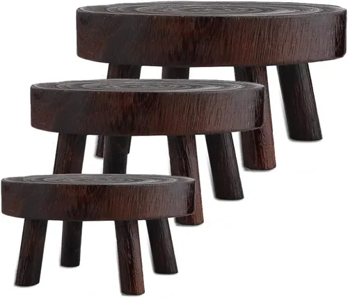Vista 9 de Taburete de madera para plantas, soporte bajo para plantas, soporte redondo para macetas elevadoras, soportes para múltiples plantas, soporte Marrón