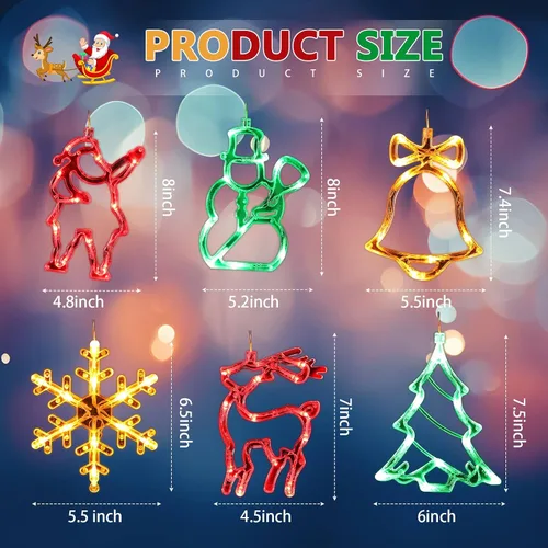 Vista 2 de Baquler 6 piezas de luces de ventana de Navidad con ventosa, luces colgantes para ventanas de Navidad que funcionan con pilas, Santa, reno, muñeco