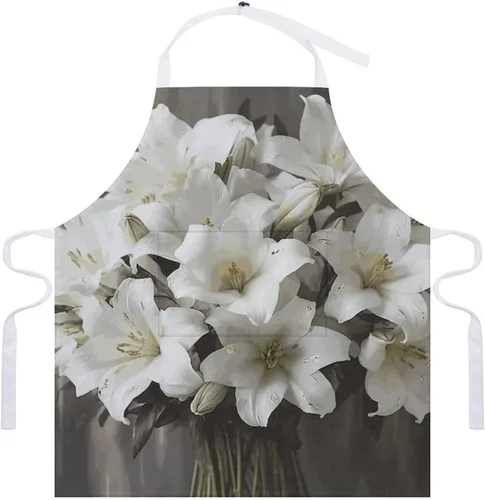 Vista 7 de Personalized White Lily Bouquet Adult Apron, Kitchen Cooking Aprons for Woman Man, Adjustable Bib Apron with Pocket for Baking, BBQ Crafting