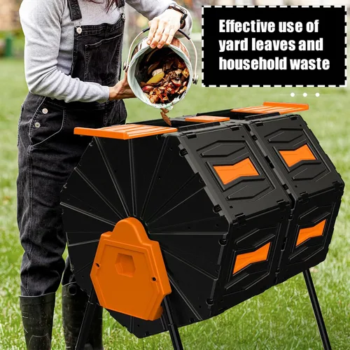 Vista 9 de Tambor de Compost, Fácil de Ensamblar y Eficiente Contenedor de Compost Exterior, 45 Galones/170 Litros Compostador Giratorio Grande de Doble Cámara