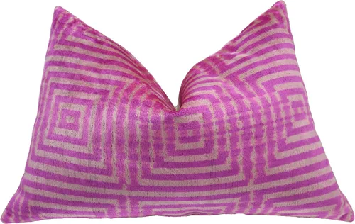 Vista 9 de Cojín decorativo hecho a mano con funda de cojín rellena, patrón de laberinto rosa, funda de cojín lumbar de seda de terciopelo suave para sala
