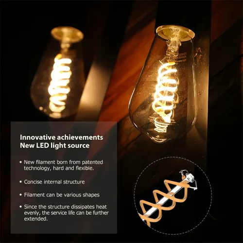 Vista 9 de Paquete de 6 bombillas Edison ST19 ST58, bombillas LED vintage, blanco suave de 2700 K, bombilla de filamento LED en espiral flexible antiguo, St58